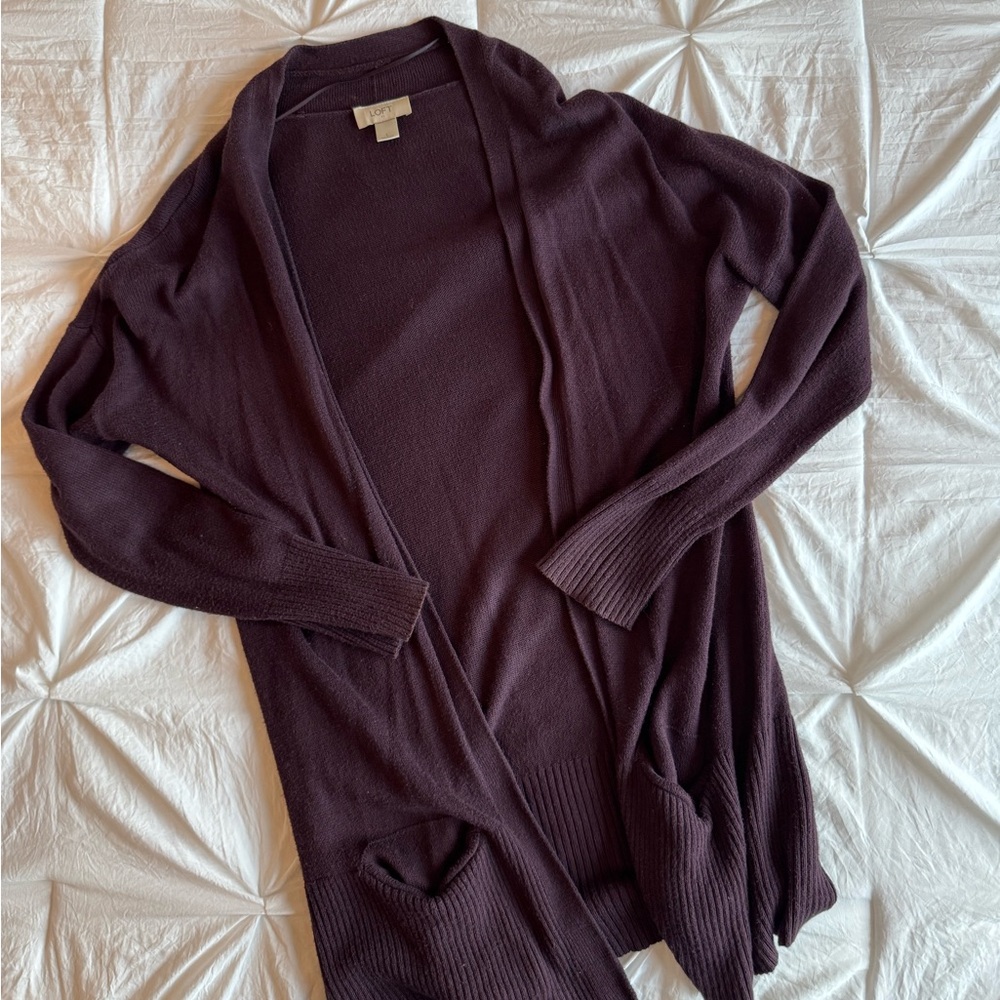 LOFT Plum Tunic Length Open Cardigan Sweater Size Large
